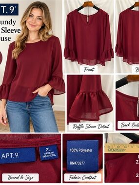 Apt. 9 Burgundy Ruffle Bell Sleeve Blouse